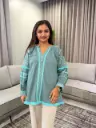 Sea Green Embroidered Pure Mull Cotton Tassel Top