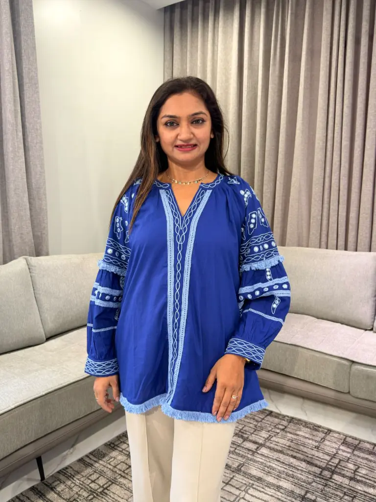 Royal Blue Embroidered Pure Mull Cotton Tassel Top