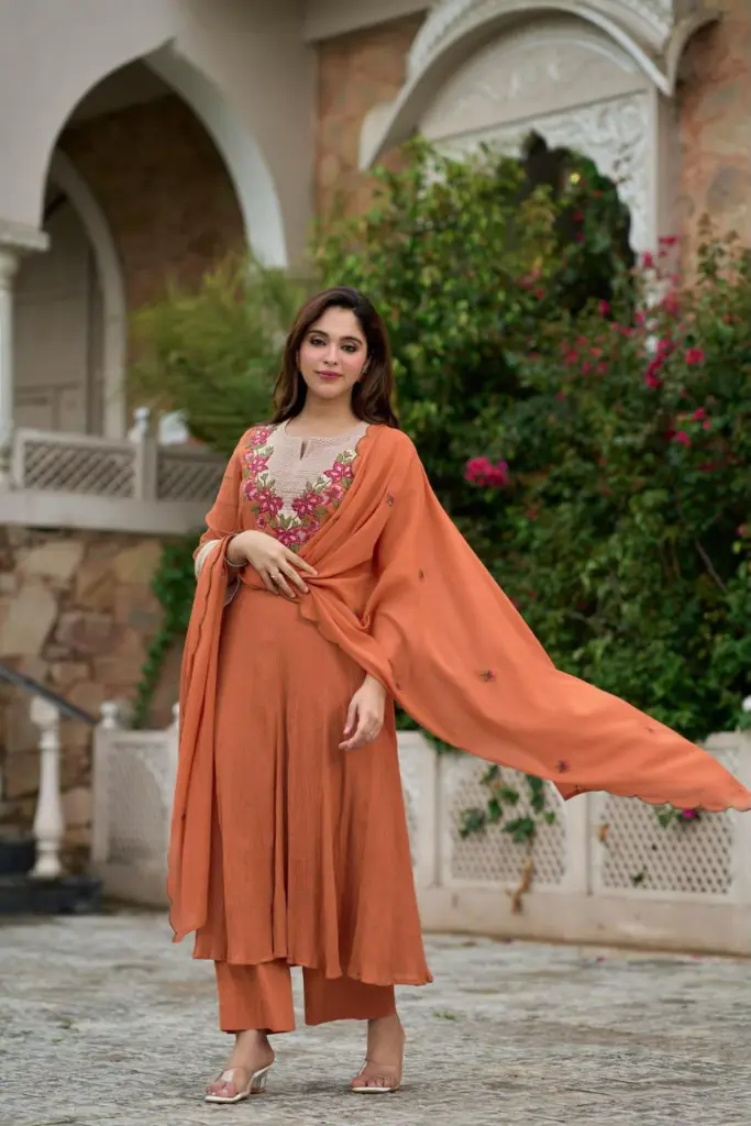Rust Orange Floral Embroidered Pure Mull Crush 3-Piece Kurta Set
