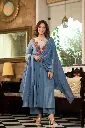 Dusty Blue Floral Embroidered Pure Mull Crush 3-Piece Kurta Set