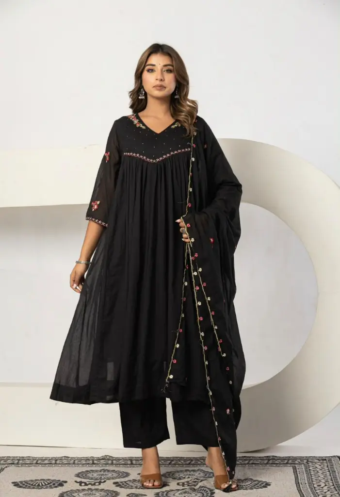 Black Floral Embroidered Pure Mull Cotton 3-Piece Anarkali Kurta Set
