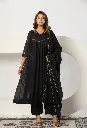 Black Floral Embroidered Pure Mull Cotton 3-Piece Anarkali Kurta Set