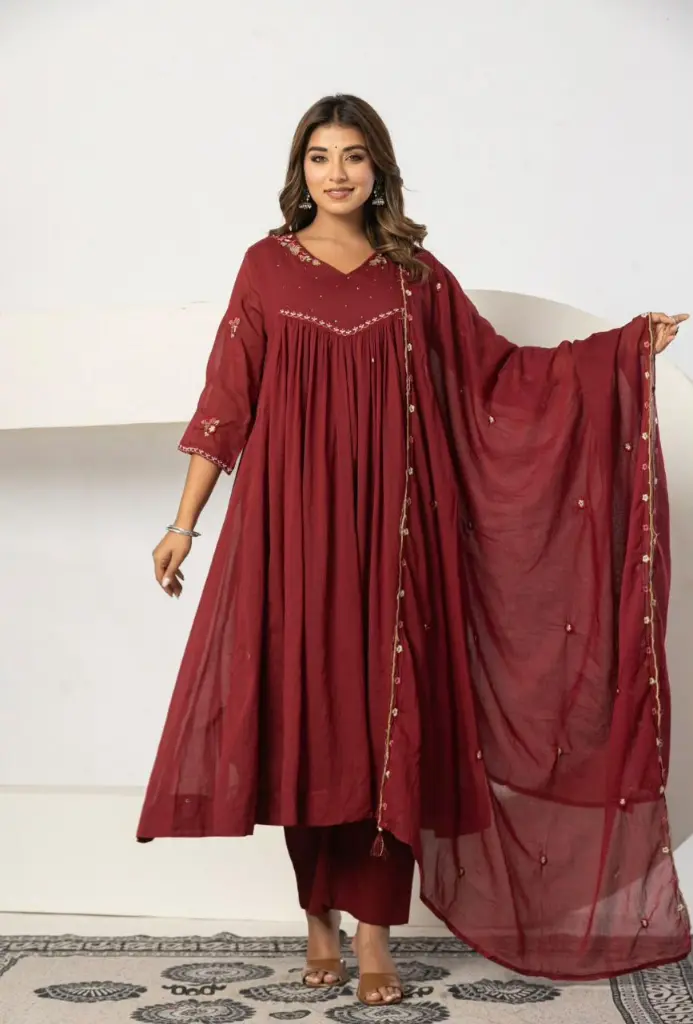 Maroon Floral Embroidered Pure Mull Cotton 3-Piece Anarkali Kurta Set