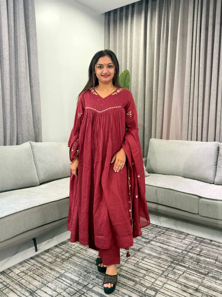 Maroon Floral Embroidered Pure Mull Cotton 3-Piece Anarkali Kurta Set