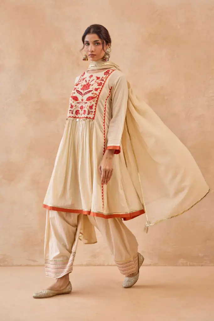 Elegant Beige Floral Embroidered Pure Mull Cotton Farsi Palazzo Set
