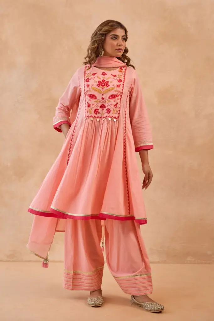 Peach Embroidered Pure Mull Mull Cotton 3-Piece Co-Ord Set