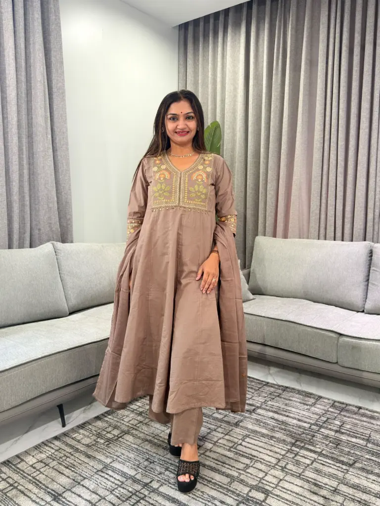 Taupe Brown Floral Embroidered Pure Soft Flex Cotton 3-Piece Kurta Set