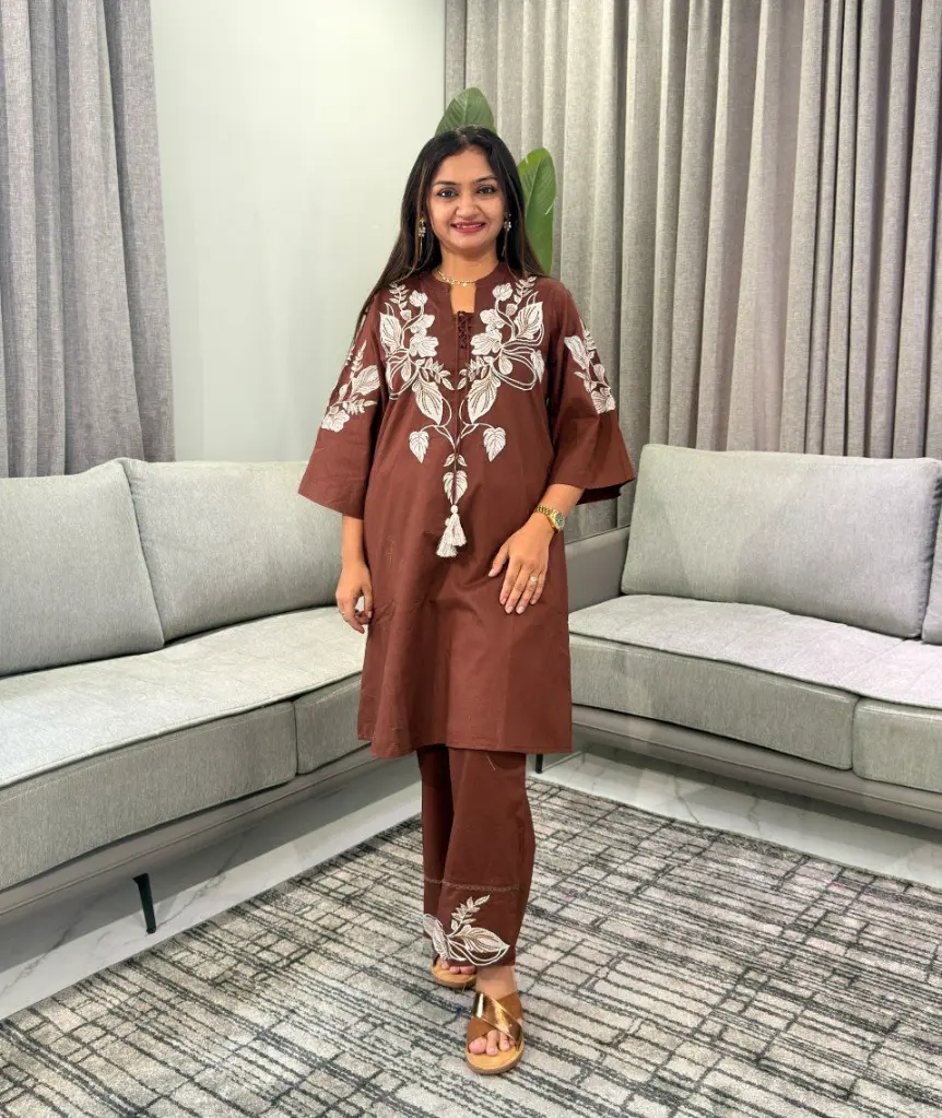 Brown Floral Embroidered Pure Mull Mull Cotton Co-Ord Set