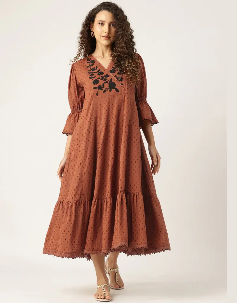 Sienna Luxe Brown Embroidered Cotton Dress