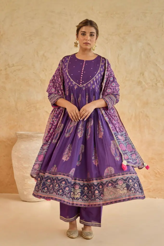 Purple Floral Printed Pure Soft Cotton 3-Piece Kurta Set