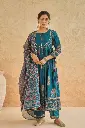 Teal Blue Floral Printed Pure Soft Cotton 3-Piece Kurta Set