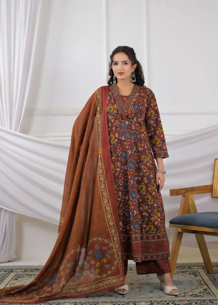 Rust Brown Floral Printed Pure Soft Cotton 3-Piece Kurta Set
