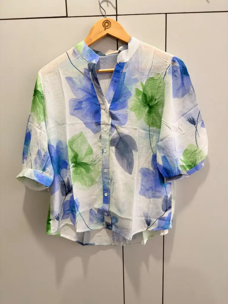 Blue & Green Floral Print Pure Imported Linen Top