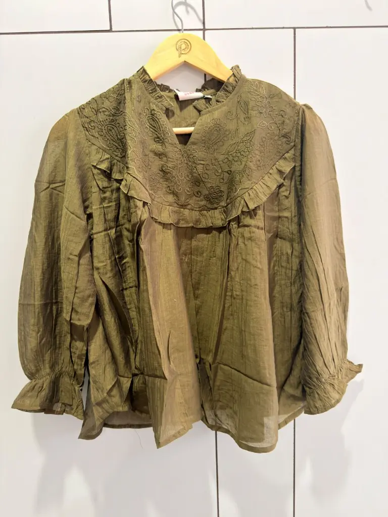 Olive Green Embroidered Pure Imported Linen Top