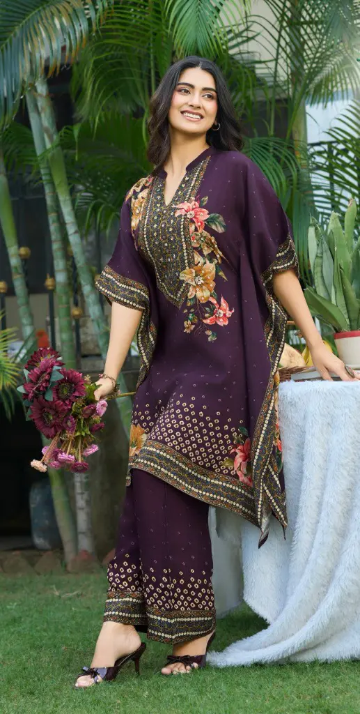 Premium Plum Floral Printed Lenzing Kaftan Co-ord Set