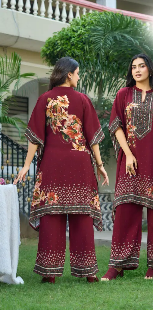 Premium Burgundy Floral Printed Lenzing Kaftan Co-ord Set