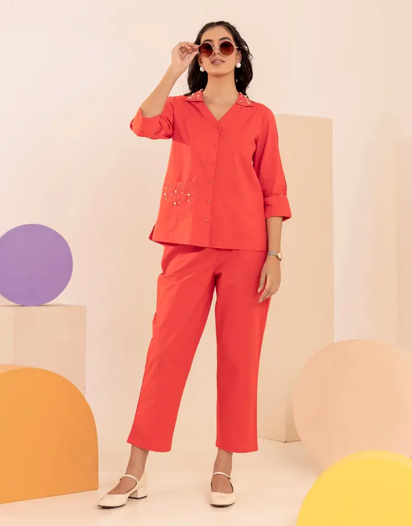 Coral Pearl-Embellished Cotton Co-ord Set