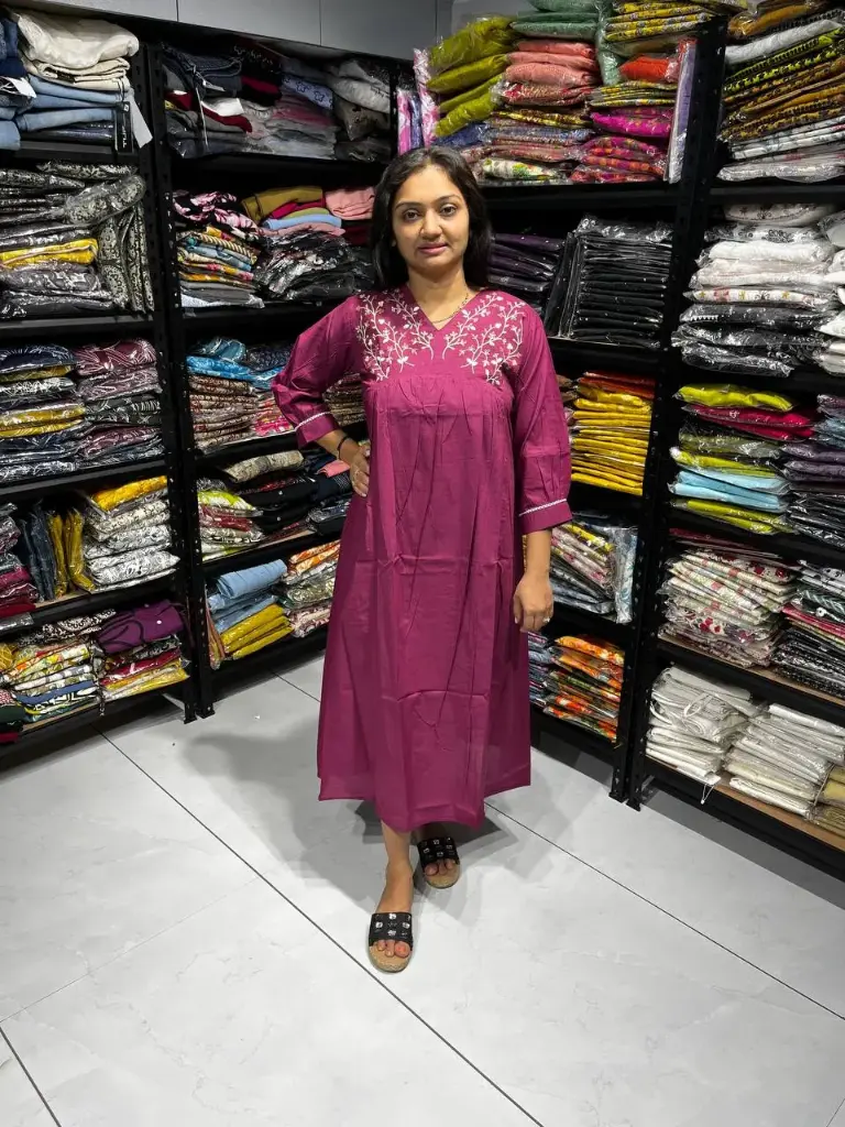 Raspberry Pure Cotton Embroidered Midi Dress