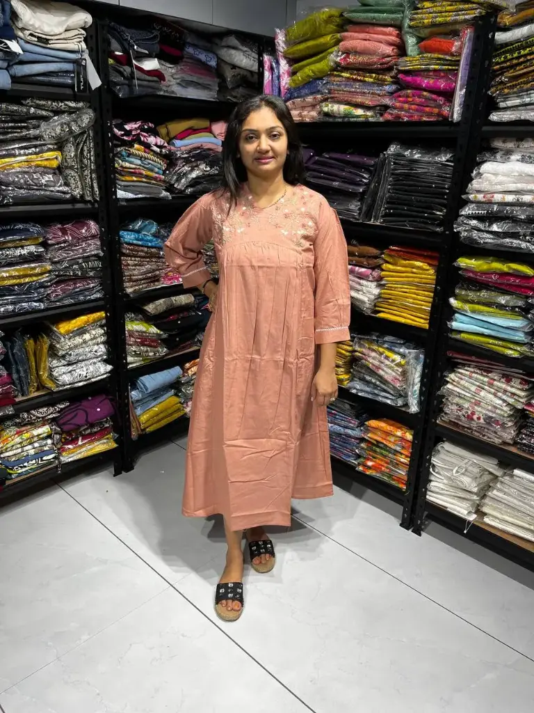 Peach Pure Cotton Embroidered Midi Dress