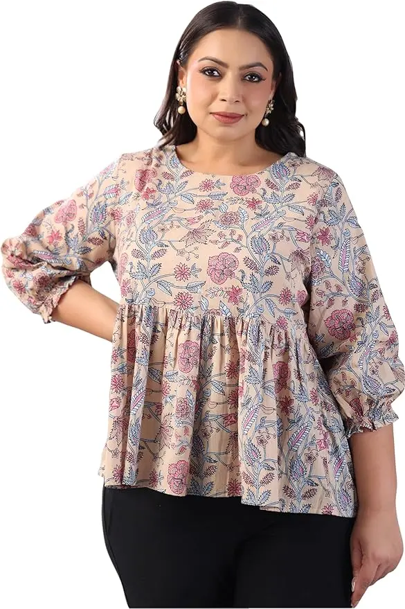 Plus Size Indian Beige Pure Cotton Floral Printed Tunic