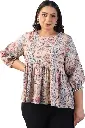 Plus Size Indian Beige Pure Cotton Floral Printed Tunic