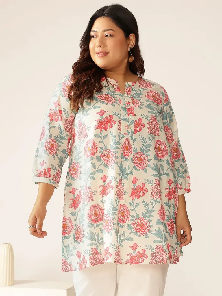 Plus Size Off White Pure Cotton Floral A-line Tunic