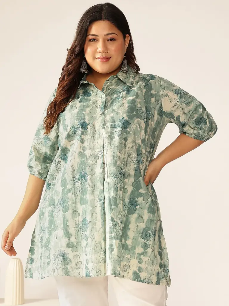Plus Size Aqua Pure Cotton Tie & Dye A-line Tunic