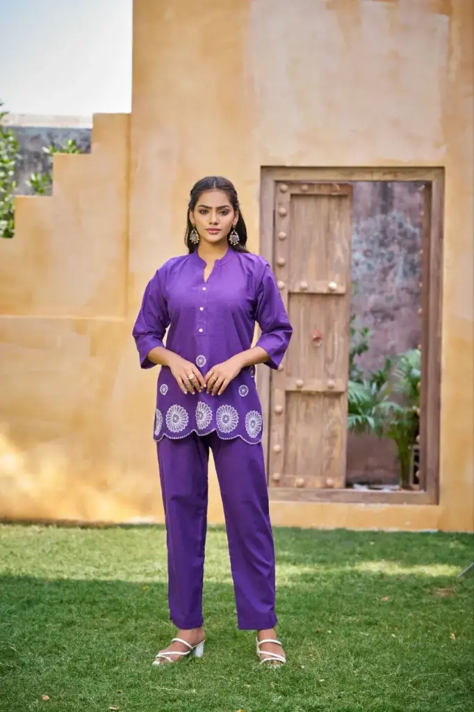 Purple Bloom Embroidered Co-ord Set