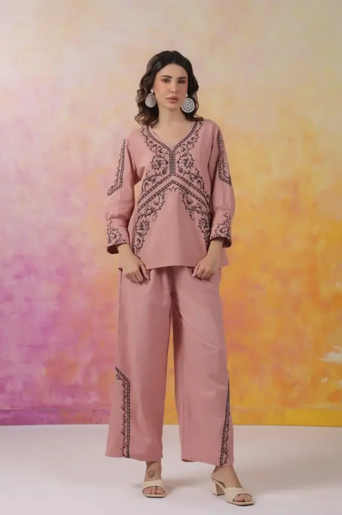 Peach Embroidered Linen Blend Co-Ord Set