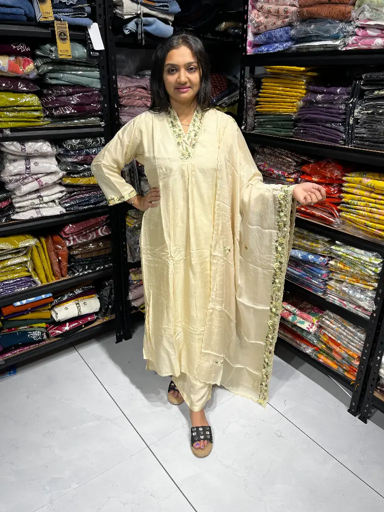 Off White Mal Cotton Embroidered 3 Piece Kurta Set(XL)