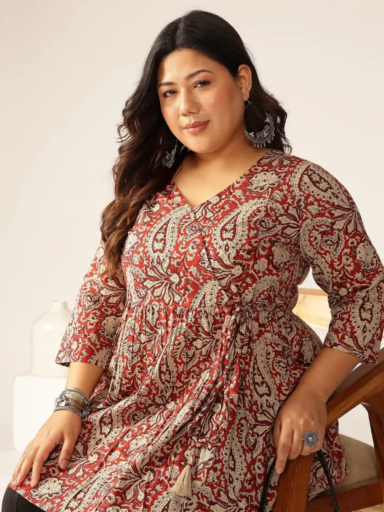 Plus Size Maroon Pure Cotton Printed Peplum Tunic