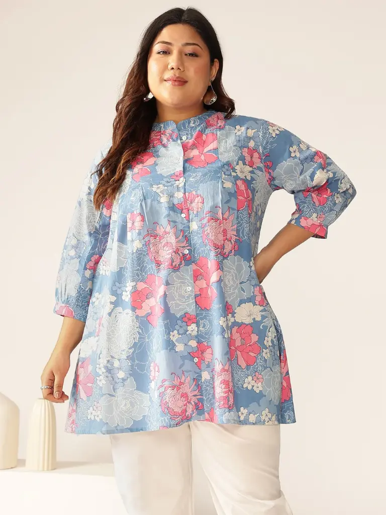 Plus Size Blue Pure Cotton Floral Printed A-line Tunic