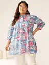 Plus Size Blue Pure Cotton Floral Printed A-line Tunic