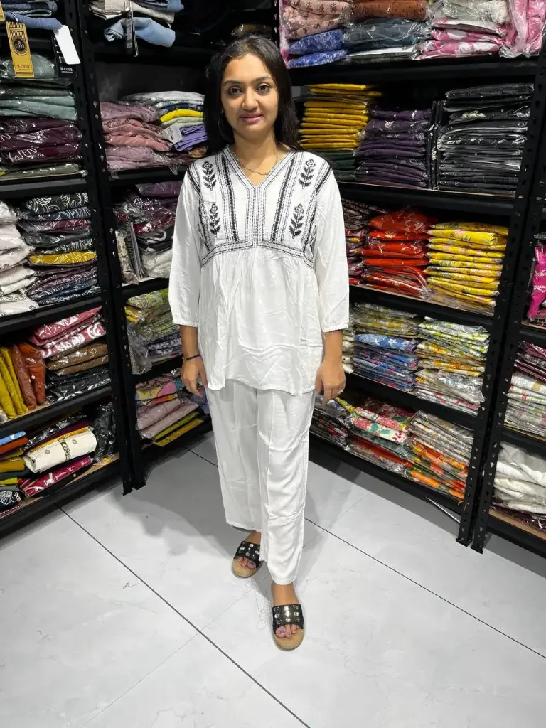 White Serenity V Neck Embroidered Co-ord Set