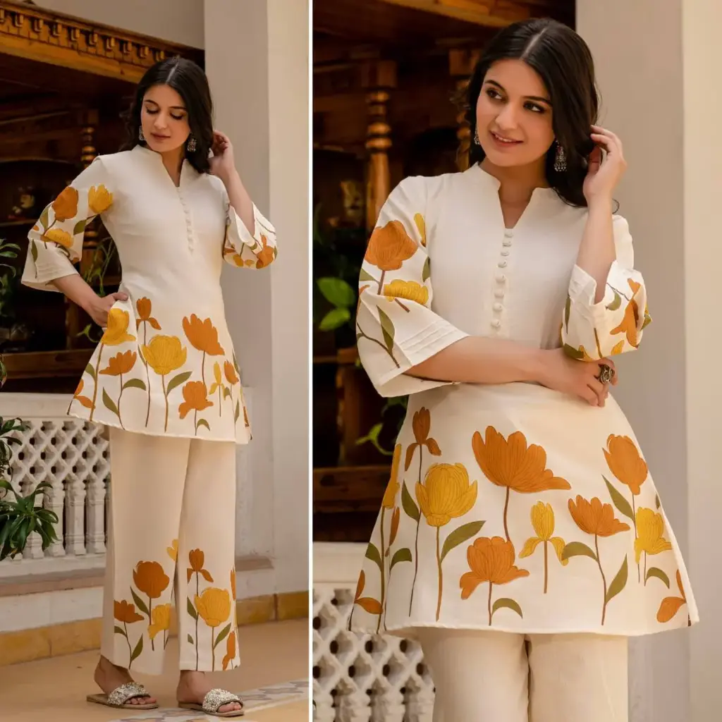 Off White Khadi Cotton Floral Printed Cord Set