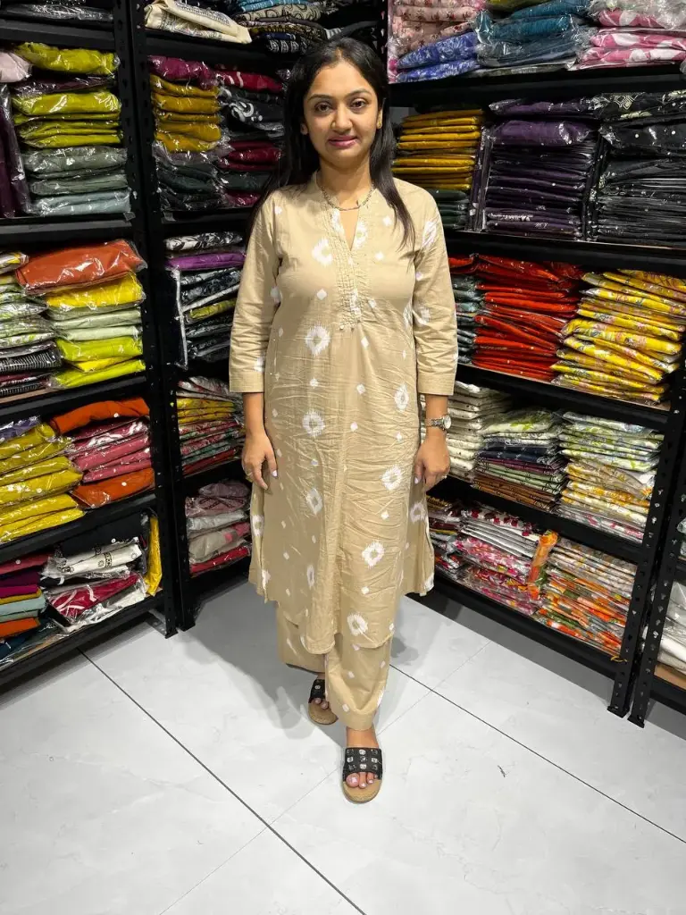 Beige Harmony Cotton Printed 2-Piece Kurti Set