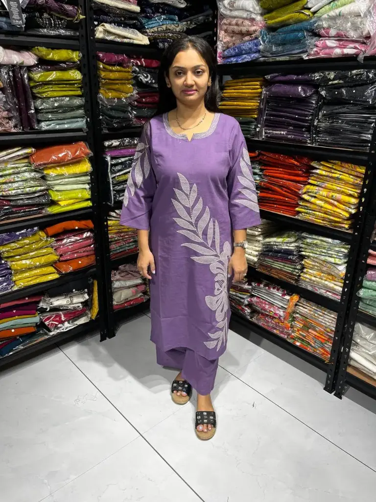 Purple Cotton Embroidered 2-Piece Kurti Set