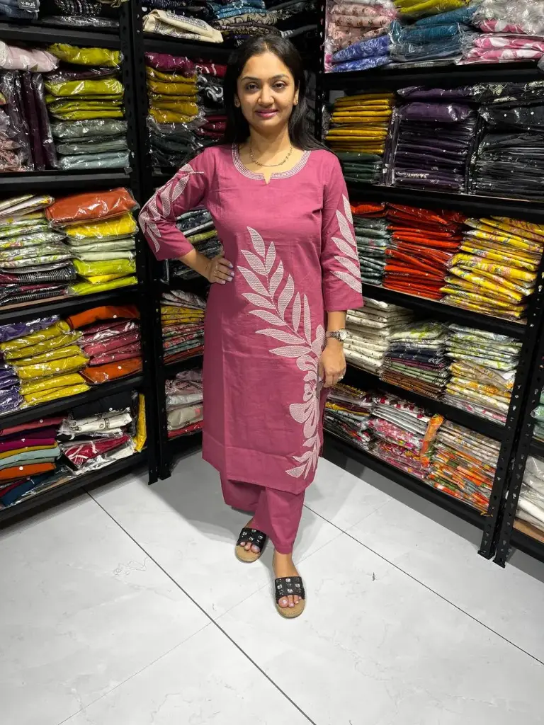 Pink Cotton Embroidered 2-Piece Kurti Set