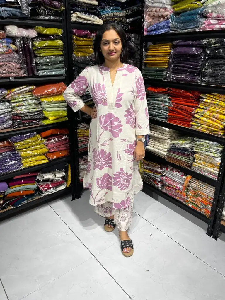 Off White Cotton Floral Printed 2-Piece Kurti Set