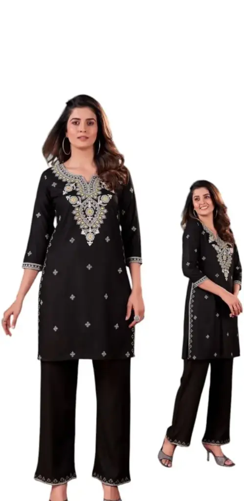 Black Noir Neck Embroidered Co-ord Set