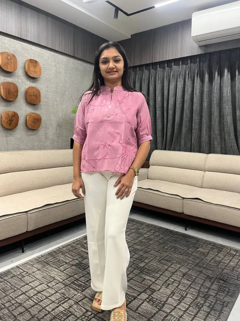Pink Bloom Half-Sleeve Embroidered Top