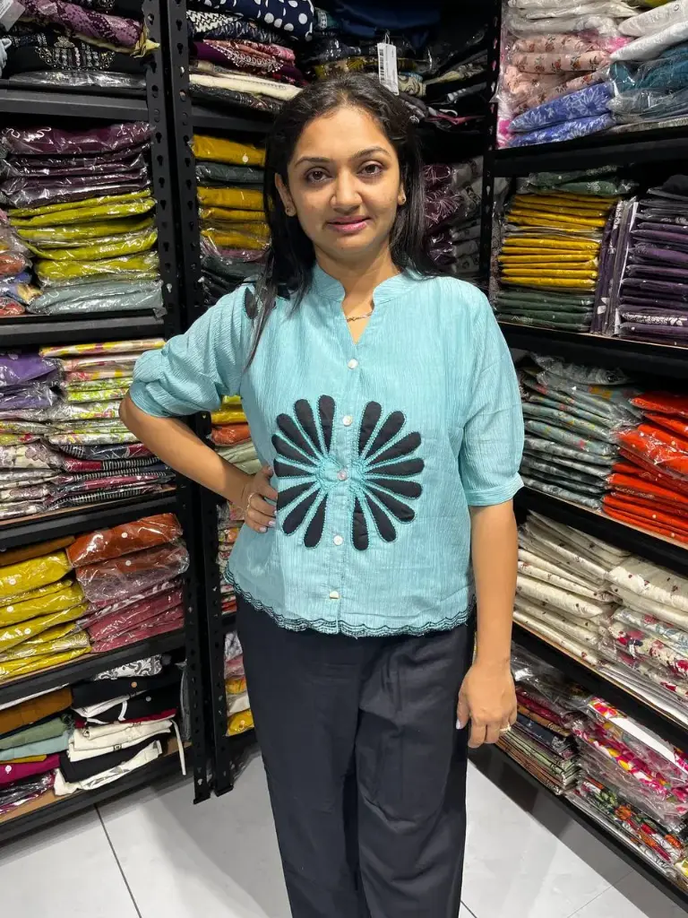 Sky Blue Bloom Half-Sleeve Black Flower Top