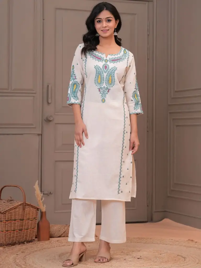Off White Cotton Embroidered 2 Piece Kurti Set