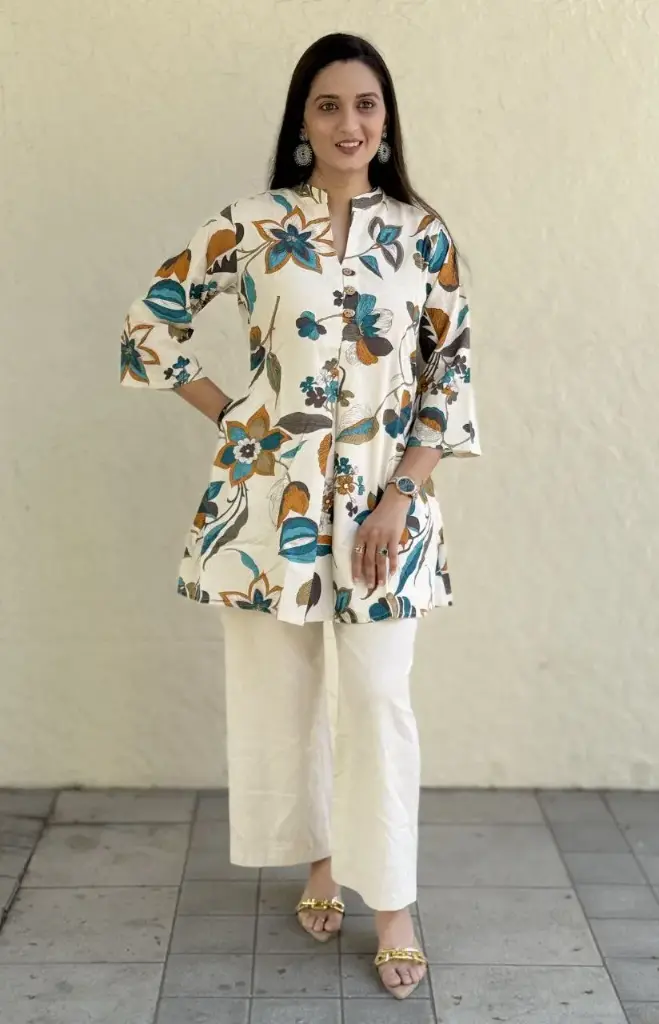 Off White Multi Color Khadi Cotton Printed Tunic