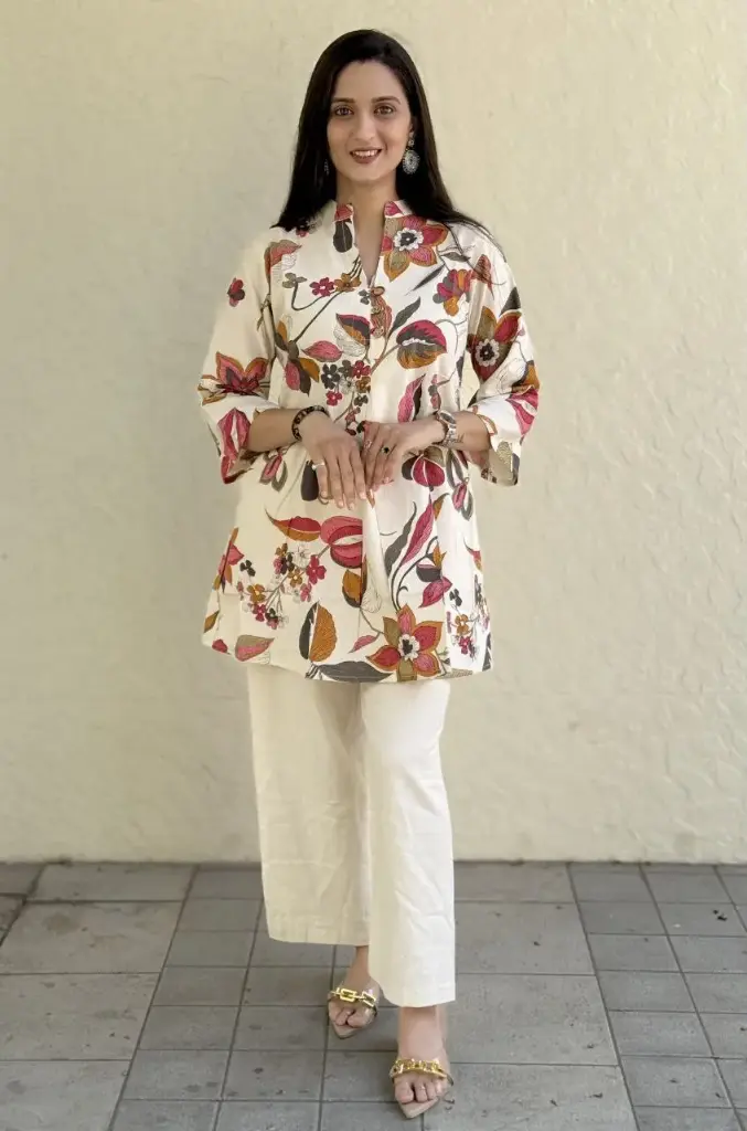 Off White Red Floral Khadi Cotton Printed Tunic