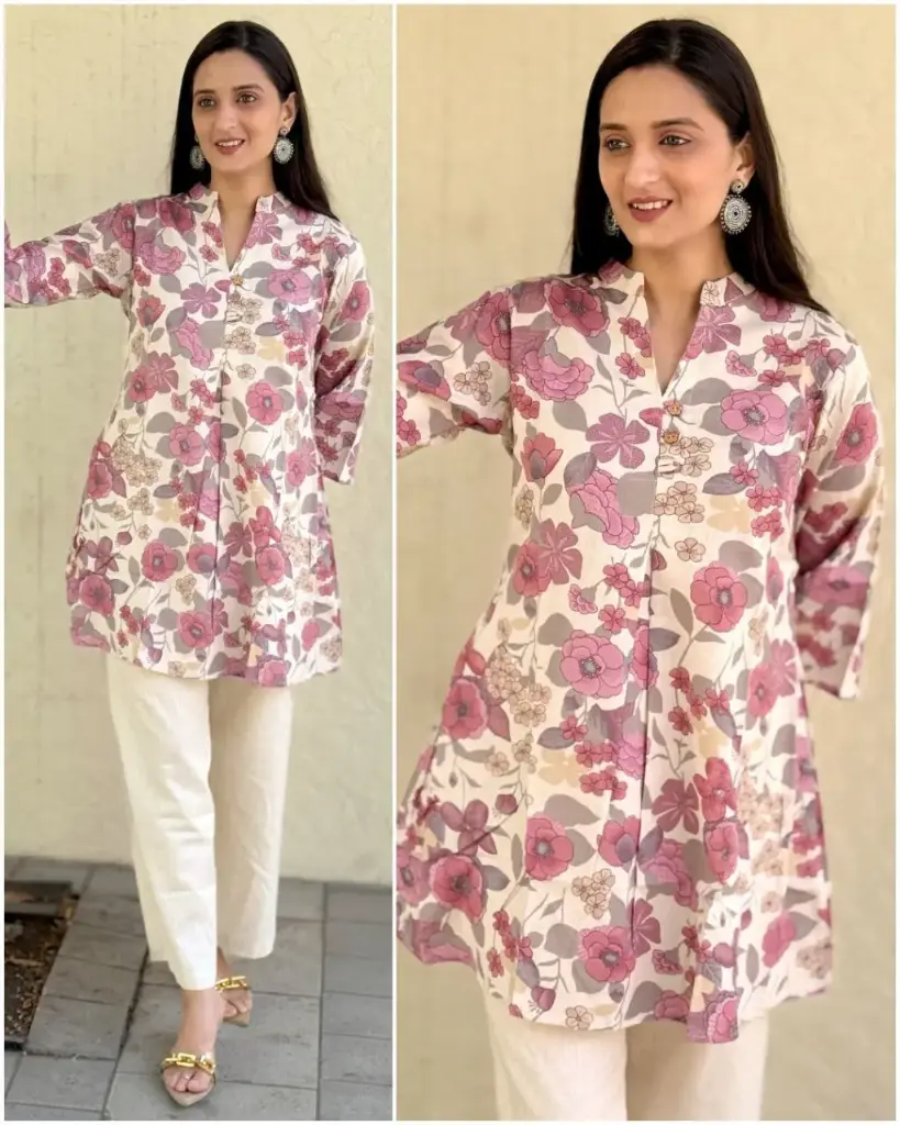 Off White Pink Floral Khadi Cotton Printed Tunic