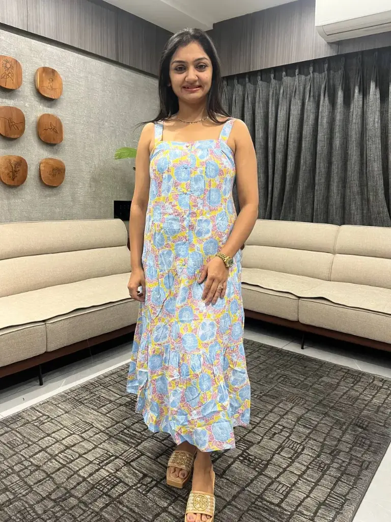 Light Blue Pure Cotton Floral Printed Tiered Dress