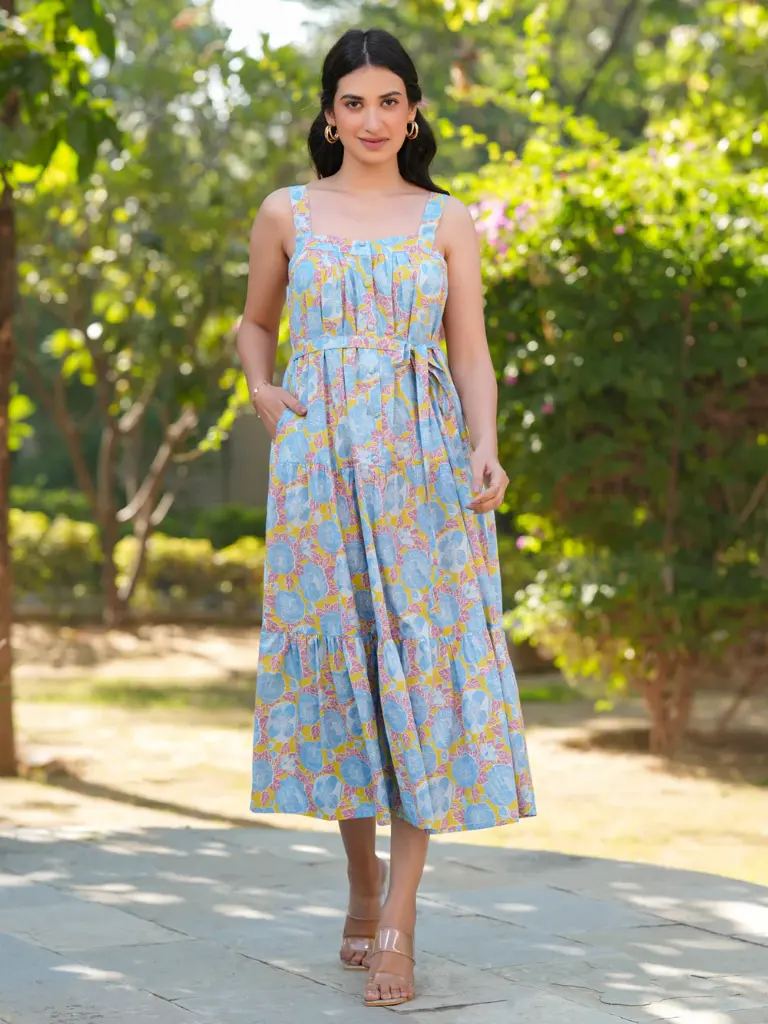 Light Blue Pure Cotton Floral Printed Tiered Dress