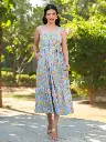 Light Blue Pure Cotton Floral Printed Tiered Dress