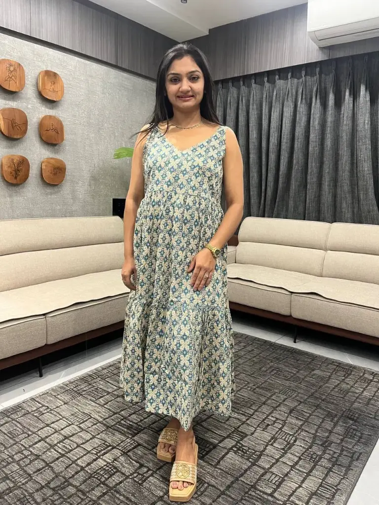 Beige Pure Cotton Ethnic Motifs Printed Tiered Dress